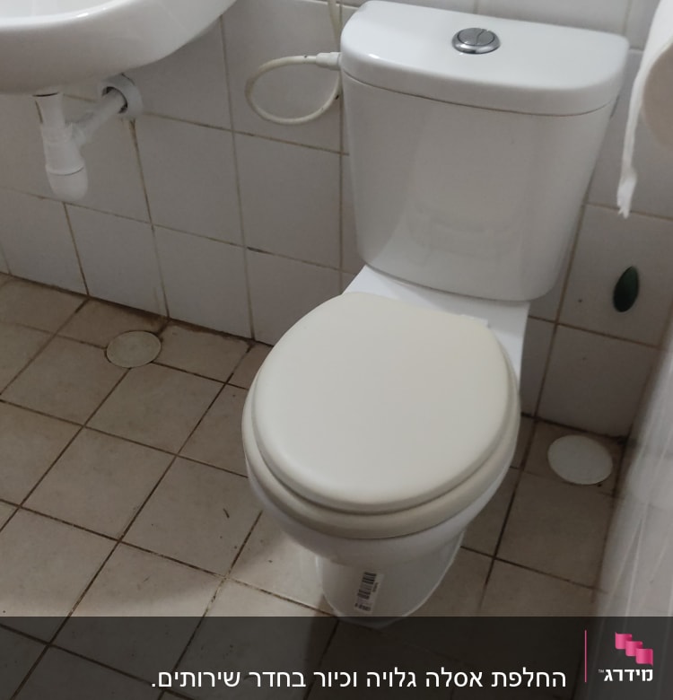אסלה עם צינור מים ליד כיור בחדר אמבטיה